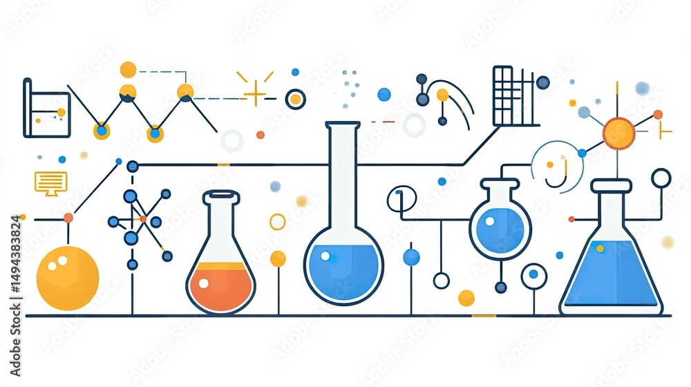 Poster illustration of laboratory glassware with connecting lines and dots on a white background display