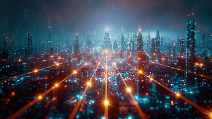 Obraz premium Abstract cityscape with glowing networks and buildings, symbolizing technology and future.