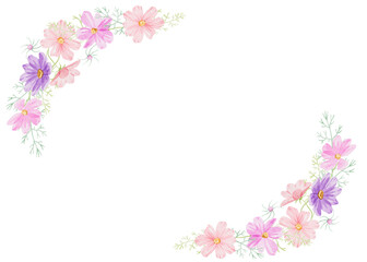 Top and down corner frame with pink and purple cosmea flowers. Watercolor floral frame. Perfect for wedding invitations, botanical prints, romantic greeting cards. Design for site, web article or post