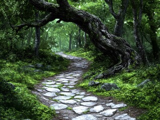 Obraz premium Enchanted Forest Path Stone Walkway Winding Through Lush Greenery