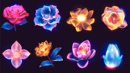 vibrant floral illustrations, showcasing a radiant display of various flower types, each emitting a luminous glow