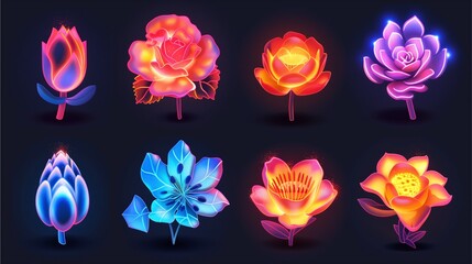 Naklejka premium a set of eight vividly colorful glowing floral illustrations with neon effect