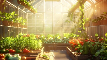 Obraz premium Sunlit Greenhouse with Vibrant Vegetables and Plants