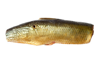 One smoked fish without head and tail. Smoked fish isolated on white background.