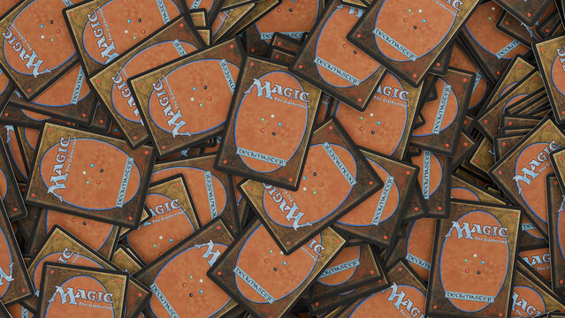 A pile of Magic: The Gathering Trading Cards, with the card backs showing, English TCG version