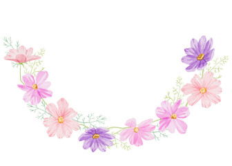 Frame of purple and pink cosmea flowers. Hand-drawn watercolor natural frame with opened and curled ferns. For wedding invitations, botanical prints, minimalist home decor, romantic greeting cards.