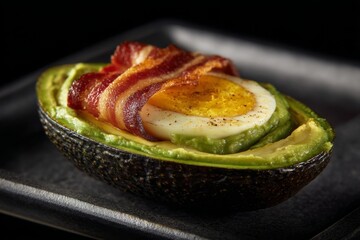 Delicious baked avocado with perfectly cooked egg and crispy bacon on a dark plate, ideal for gourmet food presentation