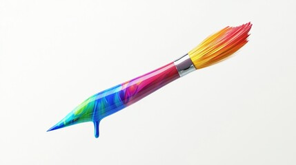 Vibrant paintbrush with dripping multicolored paint on white background