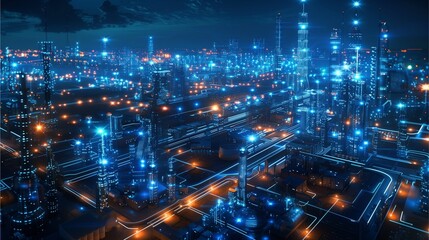 a modern industrial complex bathed in the electric glow of the night, showcasing the technological infrastructure of a city