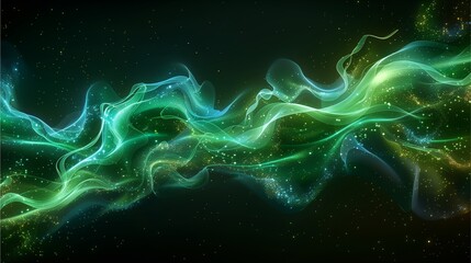 an abstract digital rendering featuring vibrant and colorful swirling smoke in a dark space, evoking a sense of ethereal beauty and cosmic energy. It has the colors of blue and green.