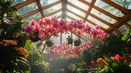 Obraz premium flower, garden, flowers, nature, plant, greenhouse, pink, summer, spring, house, beauty, plants, blossom, bloom, tree, flora, colorful, red, gardening, orchid, grass, floral, petunia, nursery, bloomin