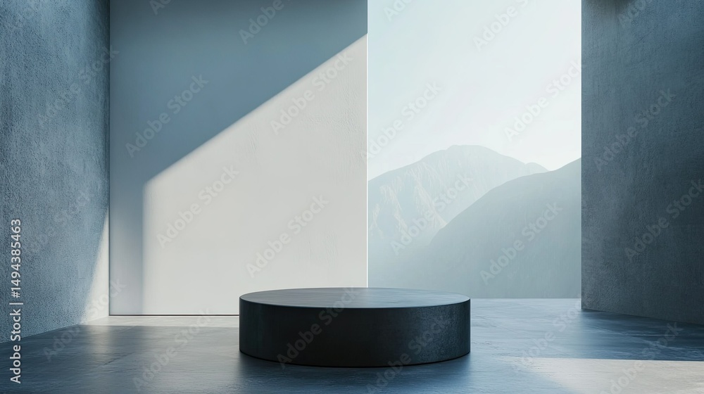 Poster minimalist scene featuring a round black platform with a mountain view backdrop and concrete walls