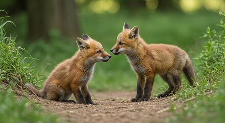 Adorable Red Fox Kits Encounter in Springtime Meadow