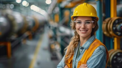 A smiling female engineer in a hard hat and safety glasses poses in a factory environment.