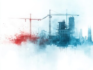 A building under construction with cranes forming a graph shape, symbolizing growth, close up, realistic, overlay, urban skyline backdrop