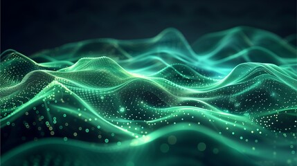 abstract digital art, showing vibrant waves of luminous light, The image evokes a sense of movement and energy, with the interconnected glowing particles creating a mesmerizing visual effect