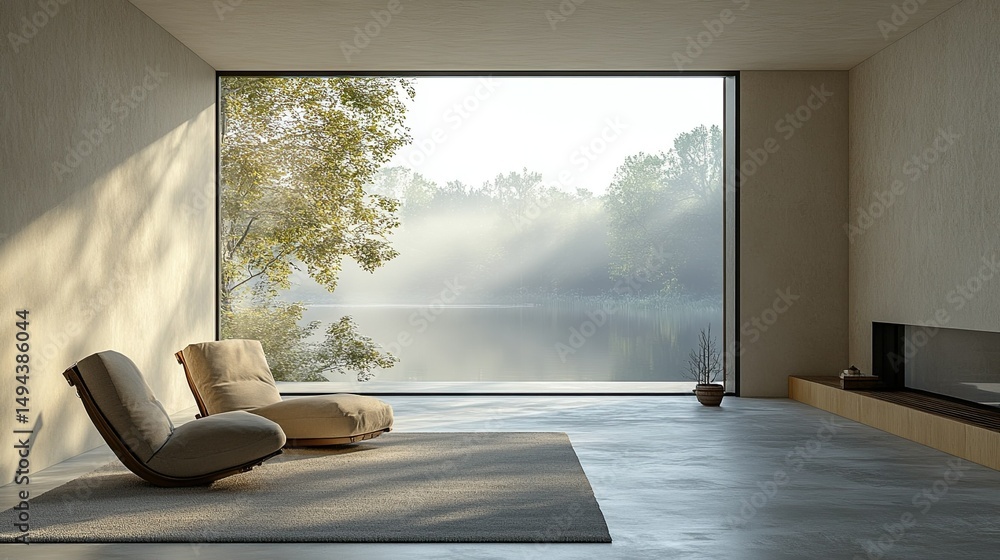 Poster interior view with two chairs facing a large window overlooking a misty lake and trees outside the r
