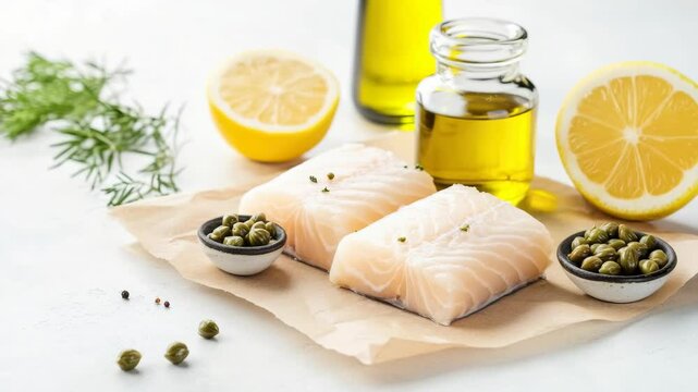 Fresh fish fillets with lemon, olive oil, and capers create vibrant and healthy culinary scene, showcasing quality of fresh ingredients for delicious meal.