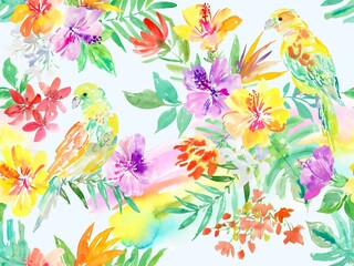 Seamless pattern of abstract purple and yellow hibiscus flowers, parrots ,tropical foliage, and monstera leaves painted in watercolor. Hand painted tropical flowers and birds wallpaper.