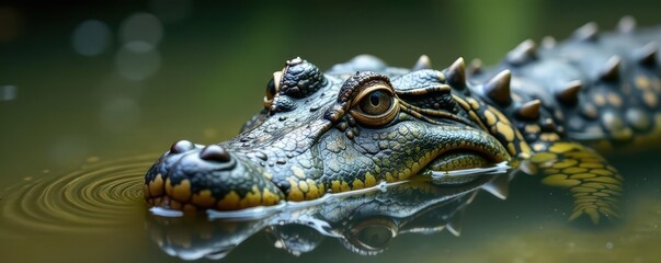 Fototapeta premium Alligator head emerges from murky water, eyes alert, mud, predator