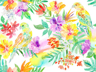 Fototapeta premium PNG seamless pattern of abstract purple and yellow hibiscus flowers, parrrots,tropical foliage, and monstera leaves painted in watercolor. Hand painted tropical flowers and birds wallpaper.