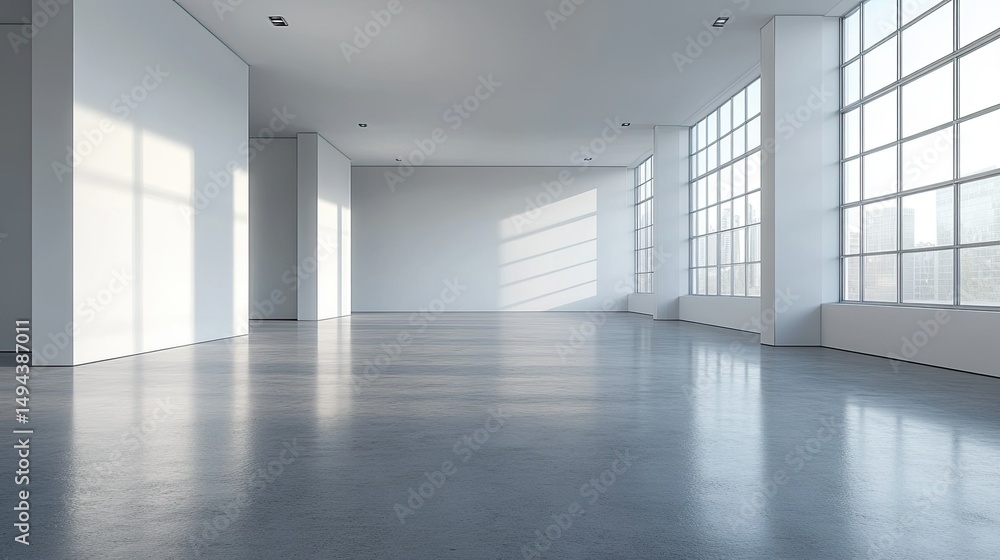 Poster bright empty room with large windows and reflective floor in minimalist style architecture design
