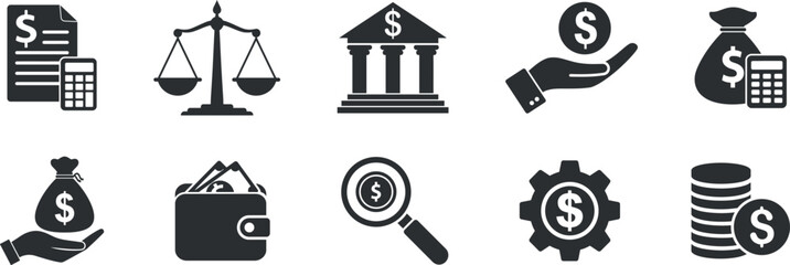 Fototapeta premium Financial Icons Set. including Money, Banking, Finance, Wealth, Accounting, Investing, investment and more. flat icon. solid financial icon vector