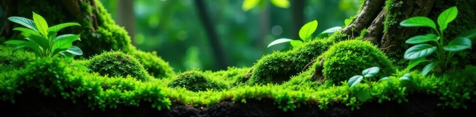 Lush green moss terrarium, thriving rainforest plants , enclosure, botany