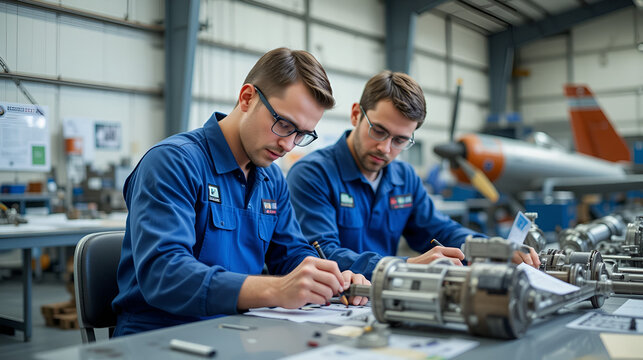 Two trainee aeronautics mechanics seated at desk in hangar. Wearing blue overalls, safety glasses. One man marking metal part with pencil. Man nearby focused on metal part on desk in hangar. Indoor