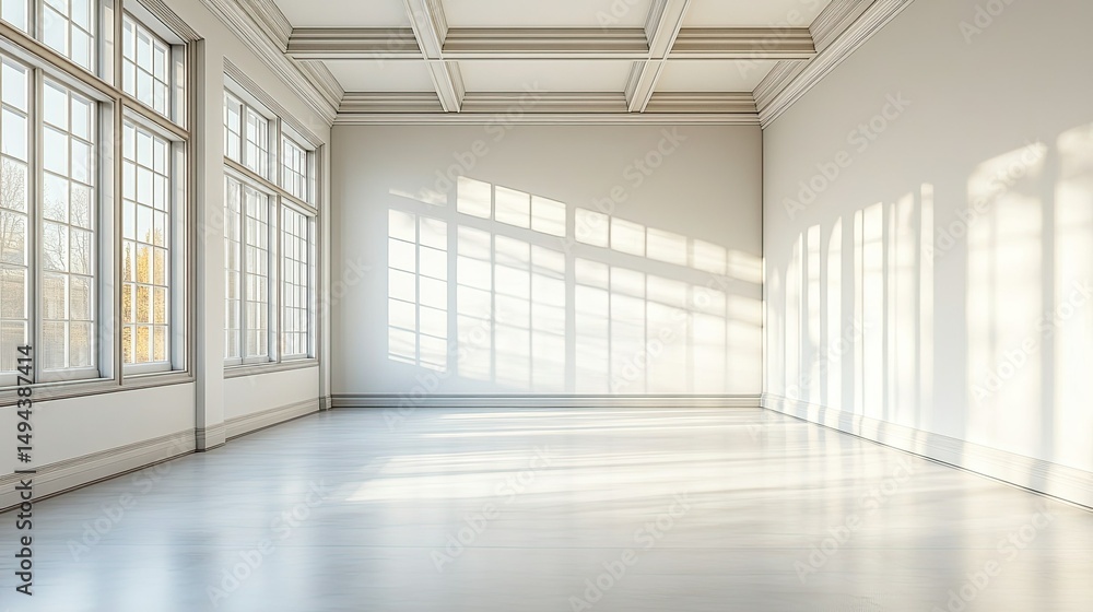 Poster bright empty room with large windows casting light patterns on the wall and polished floor space