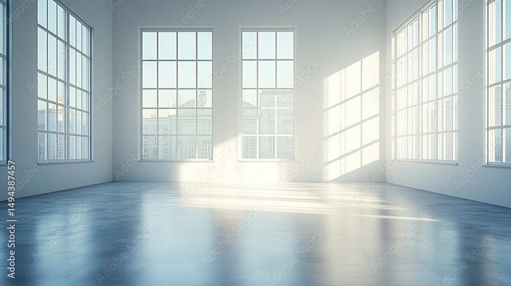 Poster bright empty room with large windows casting shadows and reflecting on the polished floor surface