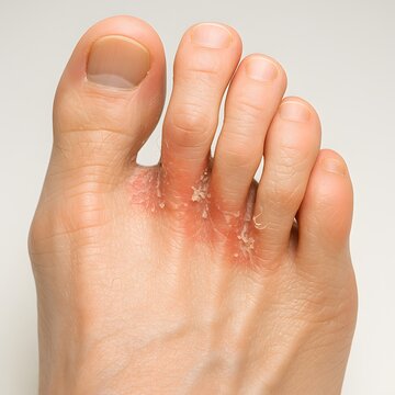 Close-Up of Athlete&rsquo;s Foot with Red, Peeling Skin Between Toes - Fungal Infection Symptom