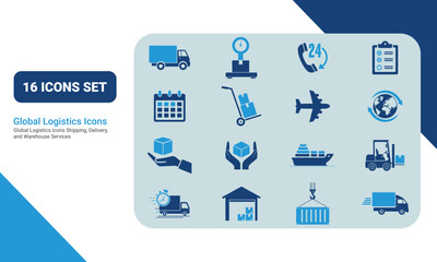 Global Logistics Icons Set. Shipping, Transportation, and Delivery Icons. global logistics,
including trucks, planes, ships, warehouses simple flat icons. solid icons vector