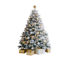 A frosted Christmas tree adorned with elegant gold and silver ornaments and wrapped gifts.