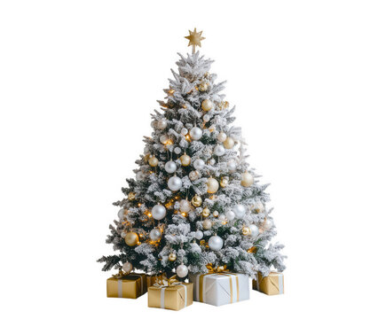 A frosted Christmas tree adorned with elegant gold and silver ornaments and wrapped gifts.