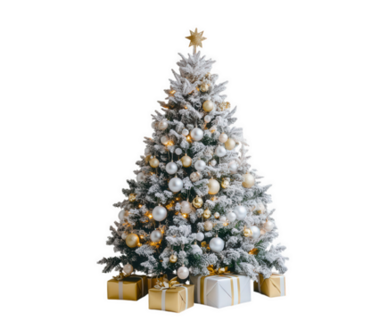 A frosted Christmas tree adorned with elegant gold and silver ornaments and wrapped gifts.