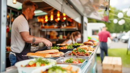 Street food vendor preparing fresh and appetizing meals inside the mobile food truck 