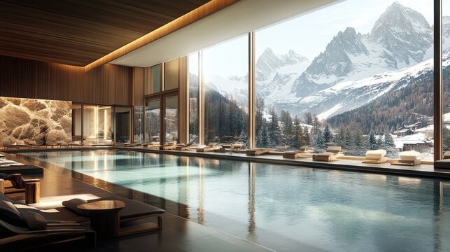 Modern spa interior with breathtaking mountain views.