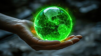 A hand holding a holographic green Earth, symbolizing eco-consciousness, focus on innovation, futuristic, overlay, tech studio backdrop