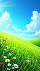 Fototapeta premium Vibrant green grass, wildflowers, sunny blue sky, abstract texture, grass, stem