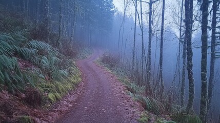 Obraz premium A winding dirt path through a misty forest with ferns and bare trees on either side of the trail