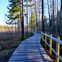 A wooden walking path Bor na Czerwonem nature reserve in Nowy Targ in Poland