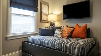 Obraz premium Small bedroom with trundle bed, lamp, TV, and decorative pillows