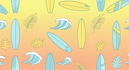 Summer Surfboards and Tropical Leaves Seamless Pattern