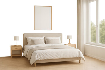Fototapeta premium Modern Bedroom Interior Design: A calming and minimalist bedroom interior features a beige upholstered bed, wooden nightstands with lamps, and a large framed artwork above.