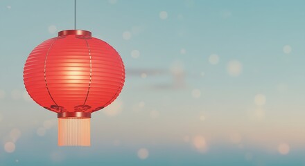 Obraz premium Red Paper Lantern Hanging Against a Soft, Blurred Sky Background