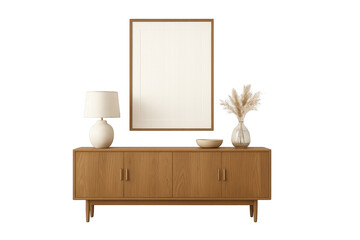 Wooden Decor Harmony: A beautifully crafted wooden cabinet serves as a stunning backdrop, adorned with a lamp, artwork, and elegant decor elements. The design embodies simplicity and sophistication.