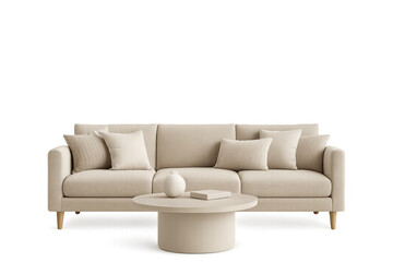 Fototapeta premium Beige Sofa and Coffee Table Set: A neutral and stylish beige sofa with soft cushions and a matching round coffee table, designed to create a comfortable and inviting atmosphere.