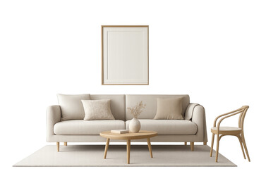 Cozy Living Room Interior Design: A minimalist, inviting living room space, featuring a comfortable sofa, a small wooden coffee table, and a natural woven chair arranged on a soft rug.