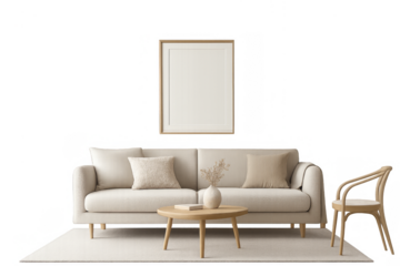 Cozy Living Room Interior Design: A minimalist, inviting living room space, featuring a comfortable sofa, a small wooden coffee table, and a natural woven chair arranged on a soft rug.